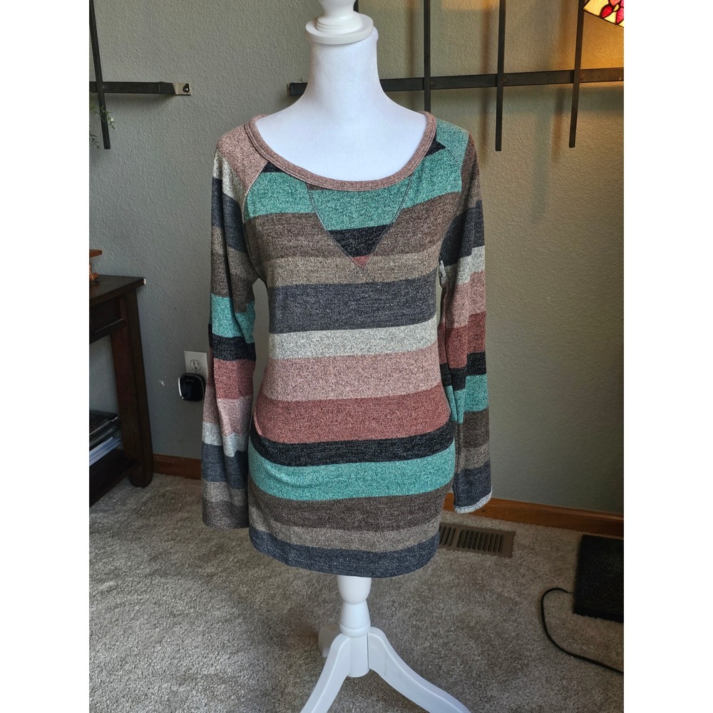 BiBi Striped Long Sleeve Top Womens Small Multicolor Lightweight Knit Scoop Neck